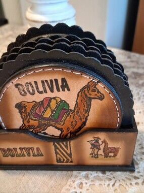 Vintage Hand Tooled Leather Coasters 6 Different BOLIVIAN Scenes